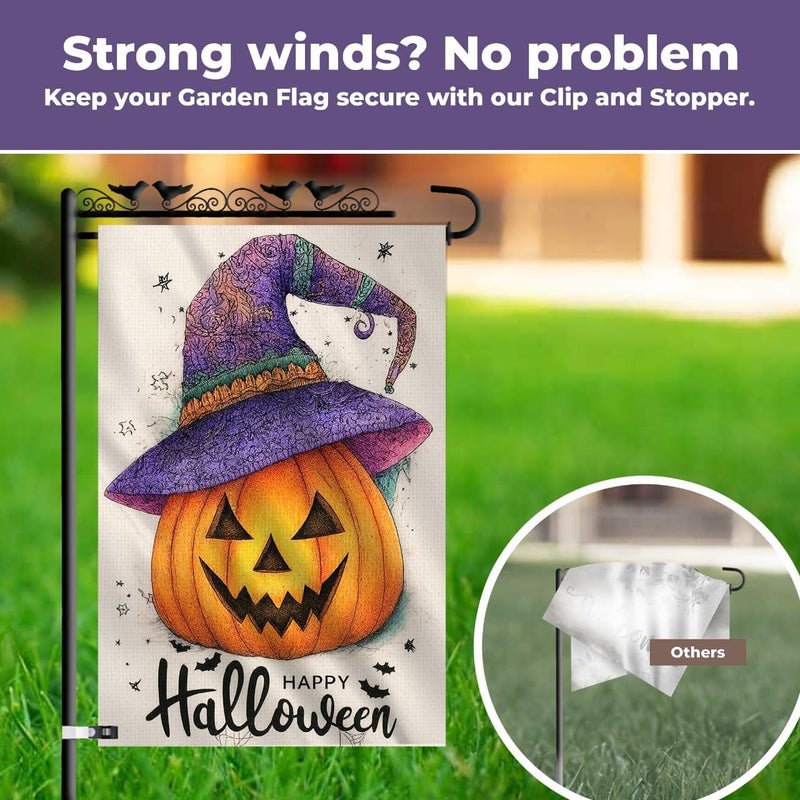 KarvePro Happy Halloween Garden Flag 12x18 Inch – Pumpkin with Purple Hat, Double Sided Burlap Fall Yard Flag for Outside - Image 5